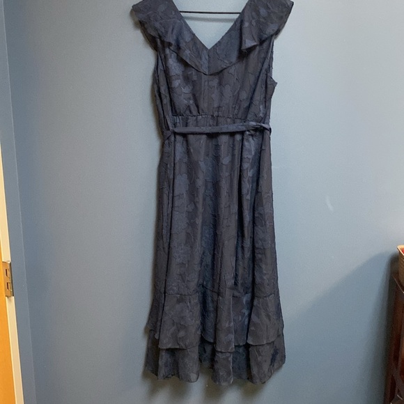 NWT GRACE KARIN WO SIZE XL NAVY BLUE BELTED FLORALDESIGN RUFFLES FAUX WRAP DRESS - Picture 10 of 13